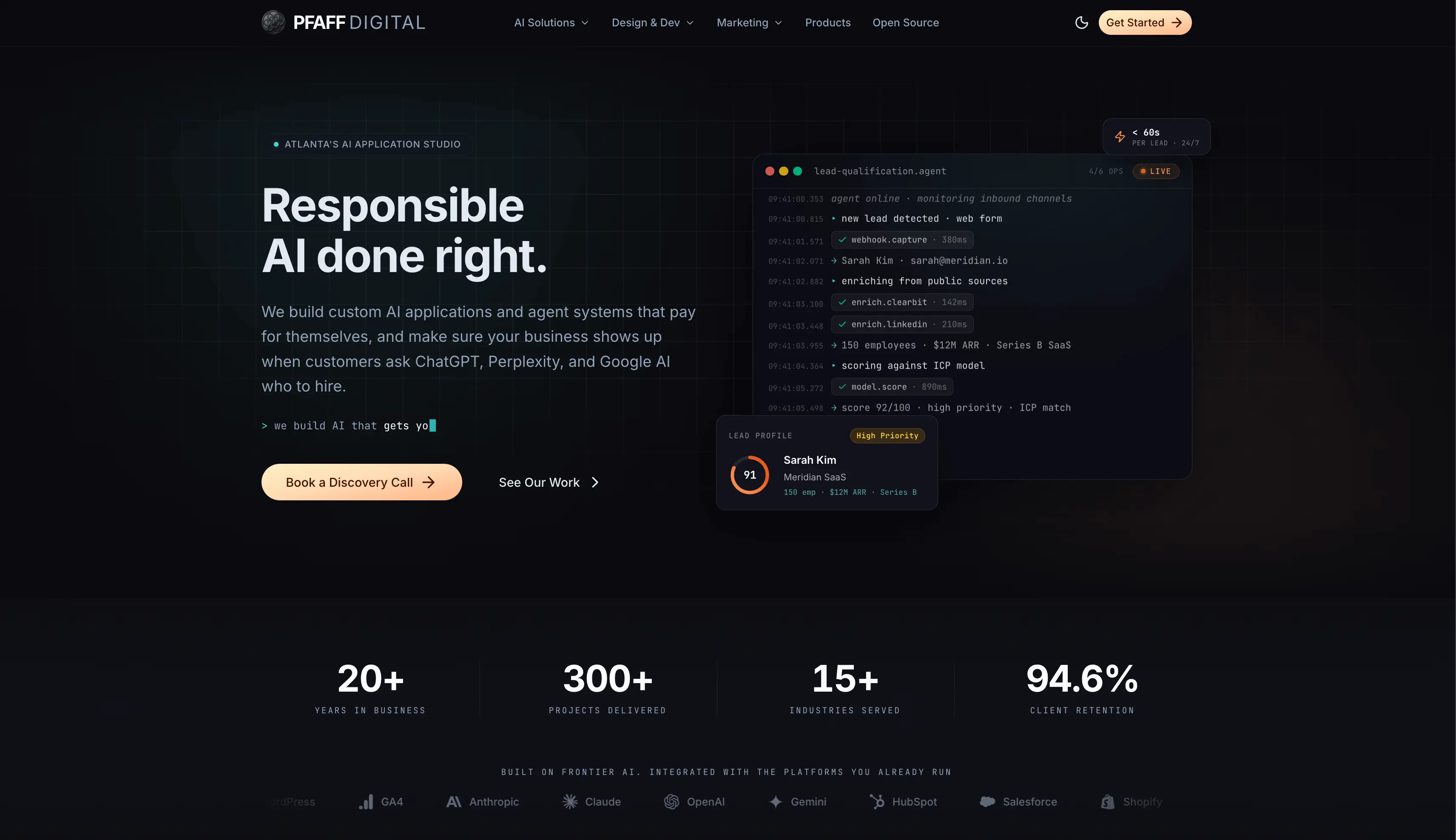 Pfaff Digital website with an AI application studio headline and lead qualification demonstration